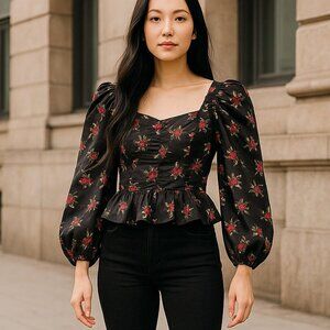 Forever 21 Black & Red Floral Cropped Blouse Small NWT Romantic Bloomcore Gothic